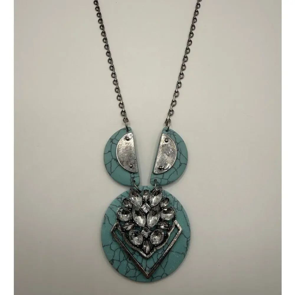 Turquoise Circle Geometric Statement Necklace Silver Chain